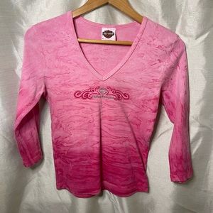Harley-Davidson Sacramento y2k Pink Marbled Graphic Print Long Sleeve Biker Tee